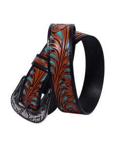 Альтернативный вид Tooled Leather Western Belt with Floral Pattern – Turquoise & Brown